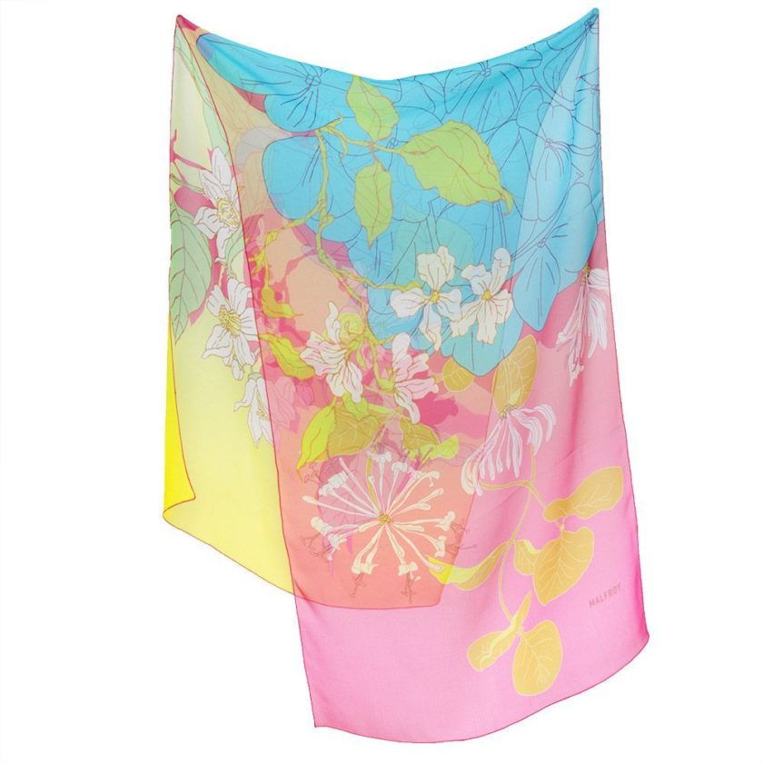 Echarpe en soie, mousseline de soie imprimée Guirlande floral col 4 Fuchsia Ivoire
