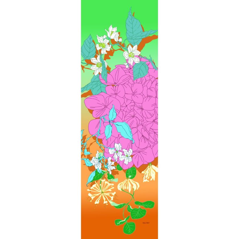 Echarpe en soie, mousseline de soie imprimée Guirlande floral col 2 Orange Vert