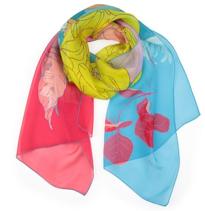 Echarpe en soie, mousseline de soie imprimée Guirlande floral col 3 Bleu Rouge