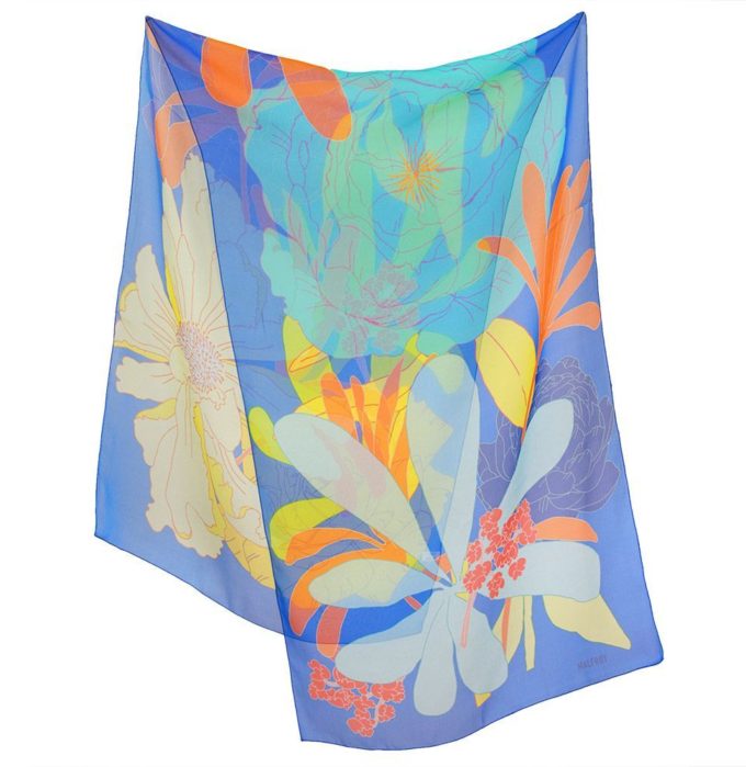 Echarpe en soie, mousseline de soie imprimé Floralia col 2 bleu