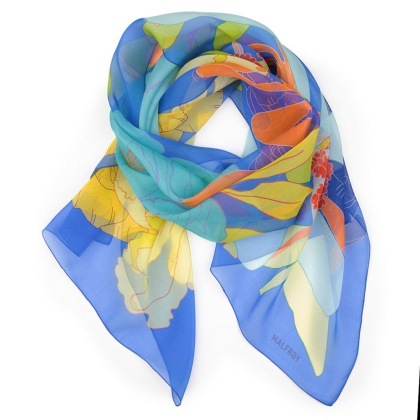 Echarpe en soie, mousseline de soie imprimé Floralia col 2 bleu