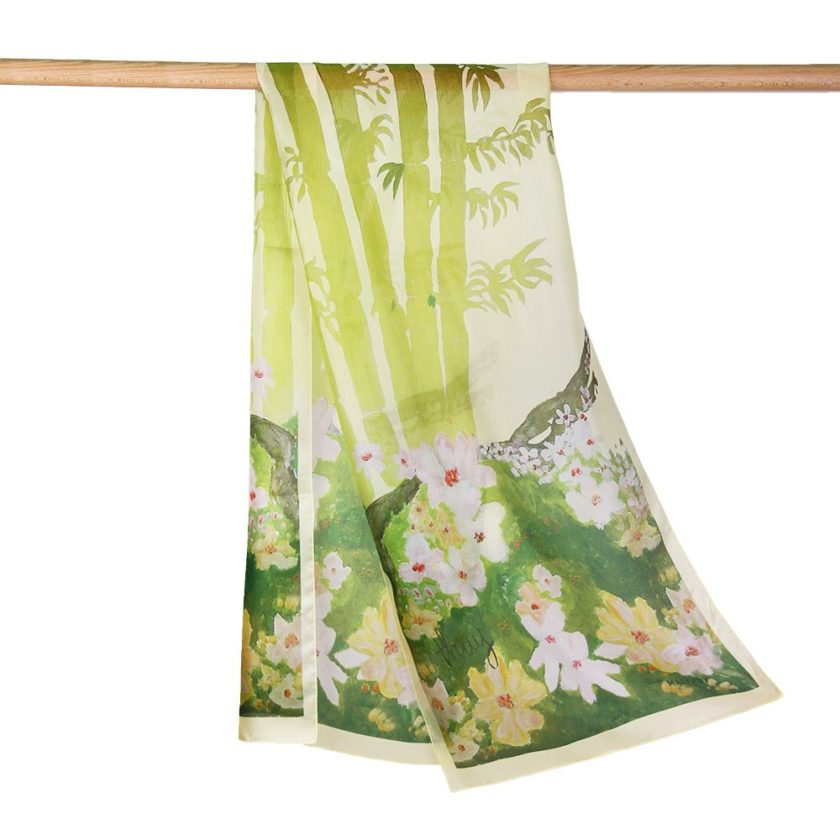 Echarpe en soie, pongé de soie imprimé Bambou, de l'artiste Thuy col 2 vert
