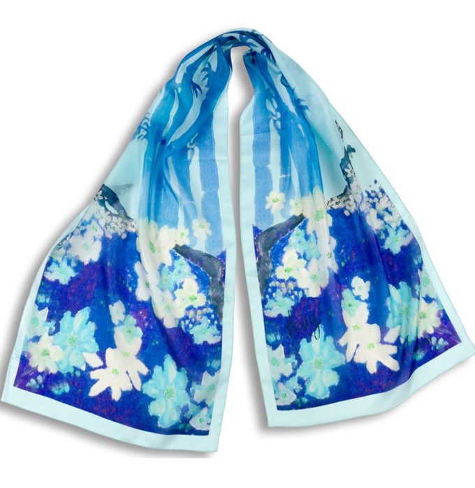 Echarpe en soie, pongé de soie imprimé Bambou, de l'artiste Thuy col 4 bleu