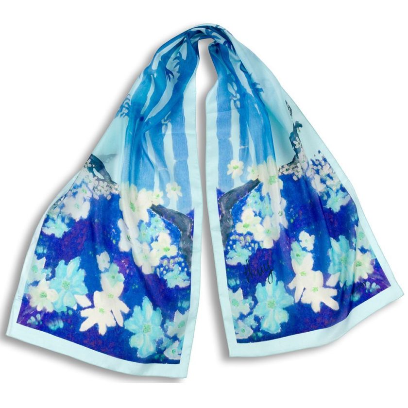 Echarpe en soie, pongé de soie imprimé Bambou, de l'artiste Thuy col 4 bleu