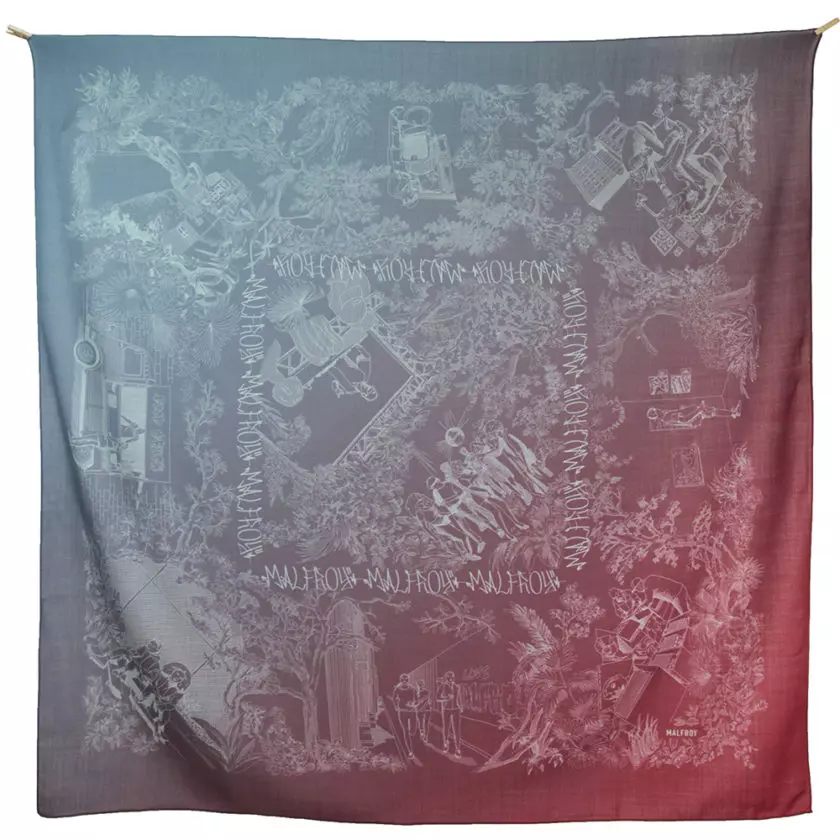 Carré en laine et soie 120 imprimée Modern Jouy col 3 bleu rouge