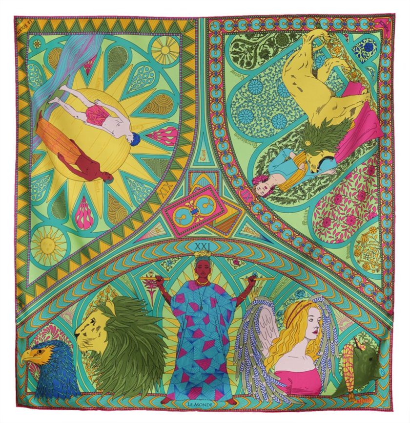 Carré de soie, twill de soie imprimé Tarot de Marseille Var 3 Vert