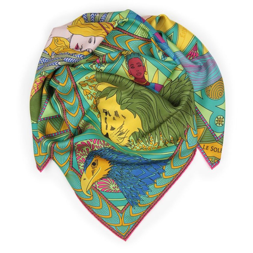 Carré de soie, twill de soie imprimé Tarot de Marseille Var 3 Vert