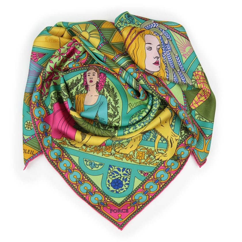 Carré de soie, twill de soie imprimé Tarot de Marseille Var 3 Vert