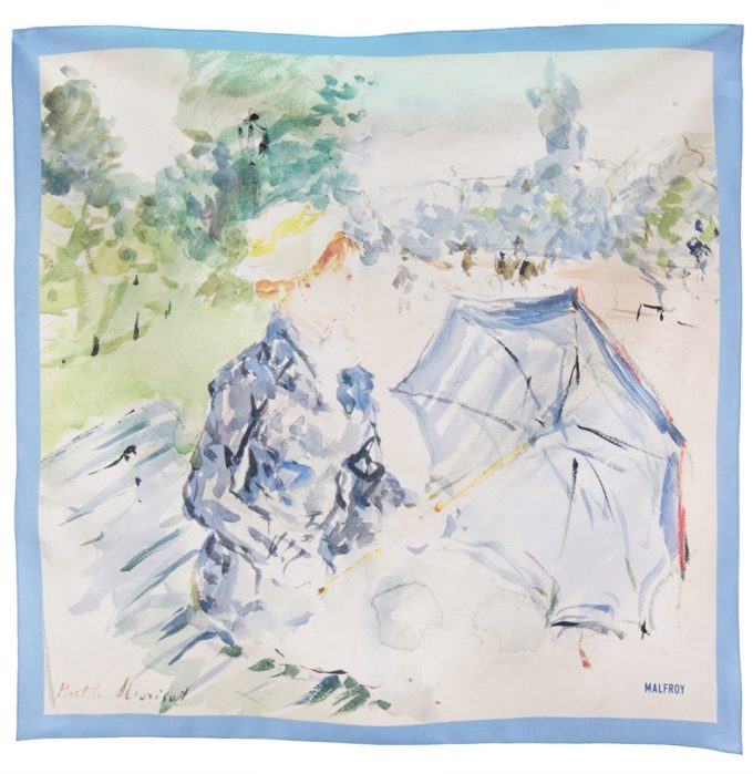 Carré de soie 67, Twill de Soie imprimé Morisot, Avenue des Bois var 1 bleu