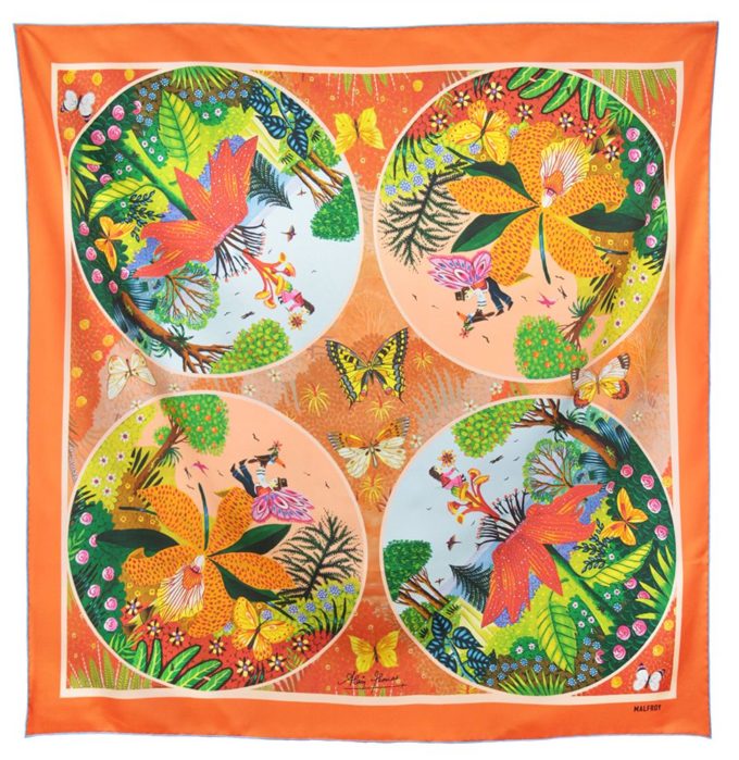 Carré de soie, twill de soie imprimé Lucile et Lutin, de l'artiste Alain Thomas VAR 1 orange