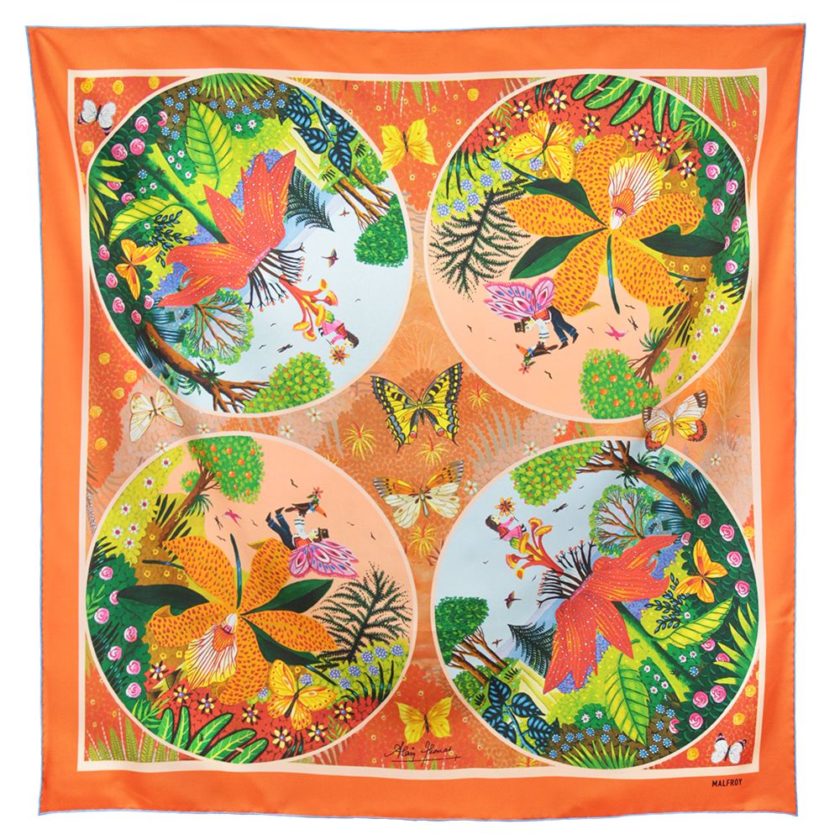 Carré de soie, twill de soie imprimé Lucile et Lutin, de l'artiste Alain Thomas VAR 1 orange