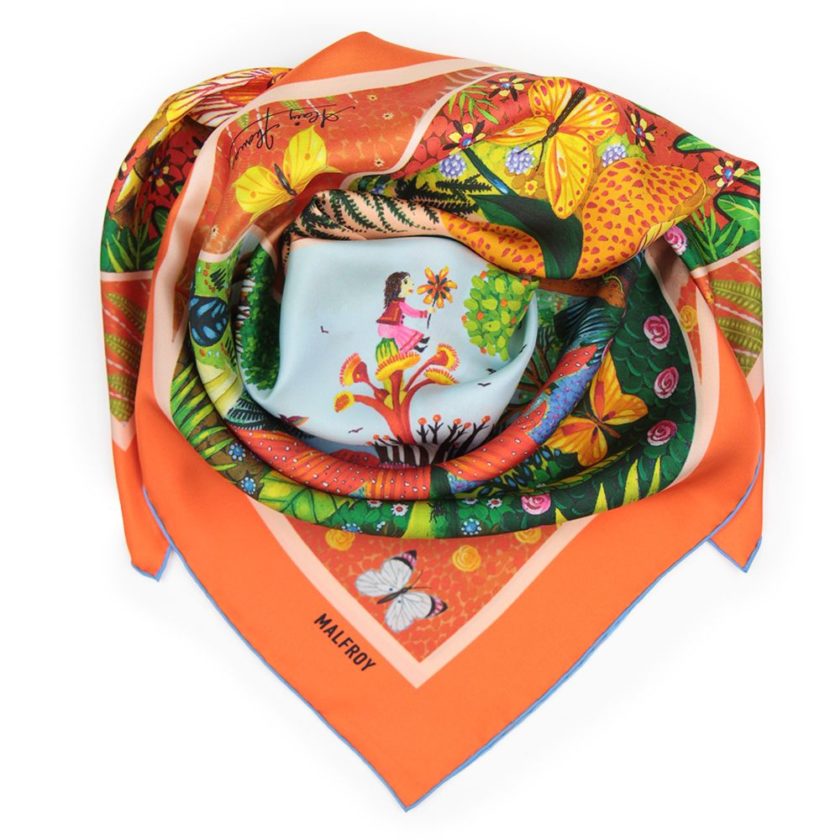 Carré de soie, twill de soie imprimé Lucile et Lutin, de l'artiste Alain Thomas VAR 1 orange