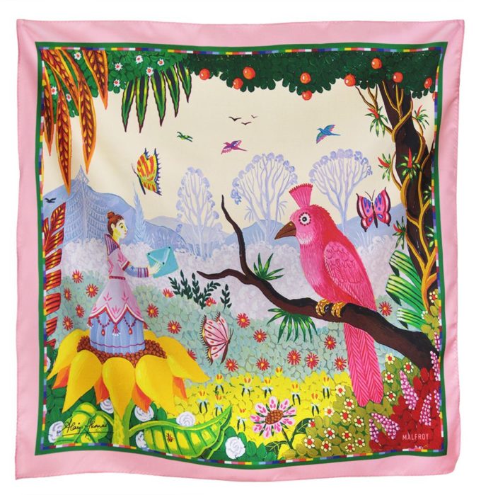 Carré de soie 67, Twill de Soie imprimé L'oiseau Messager, de l'artiste Alain Thomas col 3 rose
