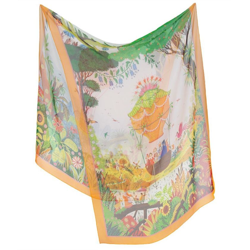 Echarpe en soie 67x180, mousseline de soie imprimée Montgolfière, de l'artiste Alain Thomas col 1 orange