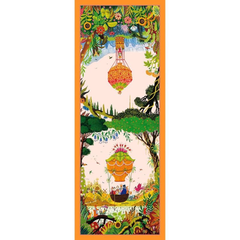 Echarpe en soie 67x180, mousseline de soie imprimée Montgolfière, de l'artiste Alain Thomas col 1 orange