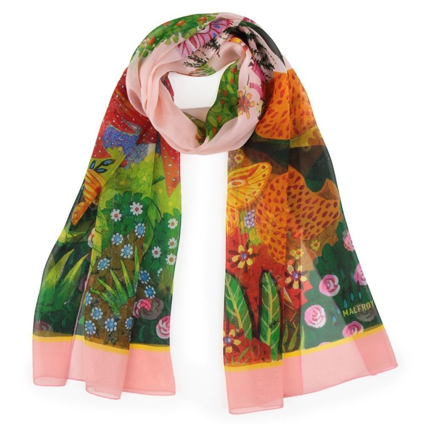 Echarpe en soie, mousseline de soie imprimée Fleurs, de l'artiste Alain Thomas col 1 rose