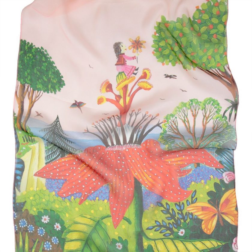 Echarpe en soie, mousseline de soie imprimée Fleurs, de l'artiste Alain Thomas col 1 rose