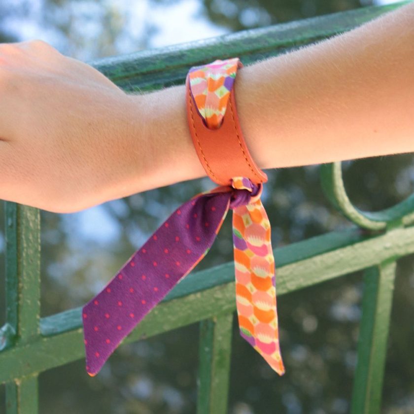 Bracelet Cuir et Lien en Twill de Soie imprimé Hexa/Mini Pois col 4 Violet orange