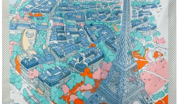 Carré de soie 67, twill de soie imprimé Eiffel Paris de l’Artiste Emilie Ettori – Bleu