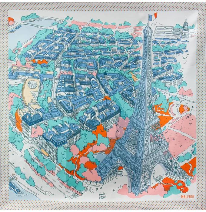 Carré de soie 67, twill de soie imprimé Eiffel Paris de l'Artiste Emilie Ettori - Bleu