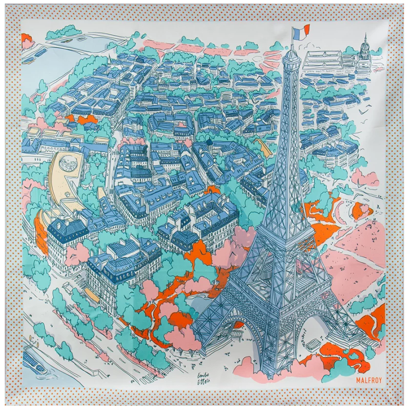 Carré de soie 67, twill de soie imprimé Eiffel Paris de l'Artiste Emilie Ettori - Bleu