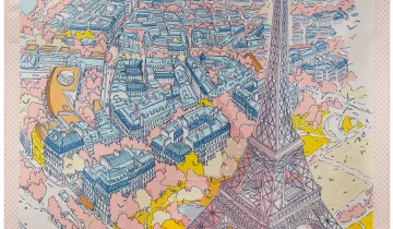 Carré de soie 67, twill de soie imprimé Eiffel Paris de l’Artiste Emilie Ettori – Beige