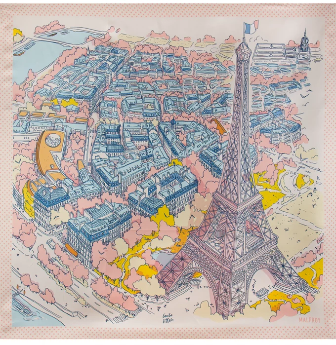 Carré de soie 67, twill de soie imprimé Eiffel Paris de l'Artiste Emilie Ettori - Beige