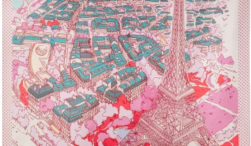Carré de soie 67, twill de soie imprimé Eiffel Paris de l’Artiste Emilie Ettori – Rose