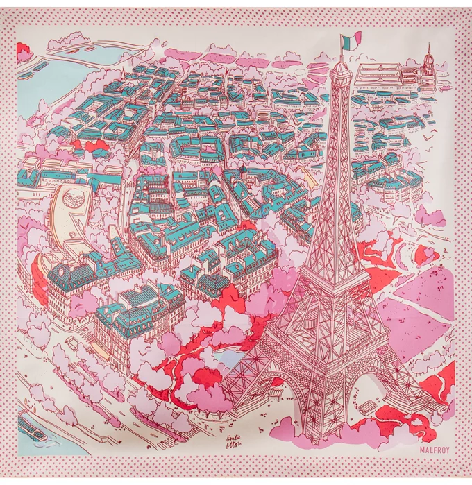 Carré de soie 67, twill de soie imprimé Eiffel Paris de l'Artiste Emilie Ettori - Rose