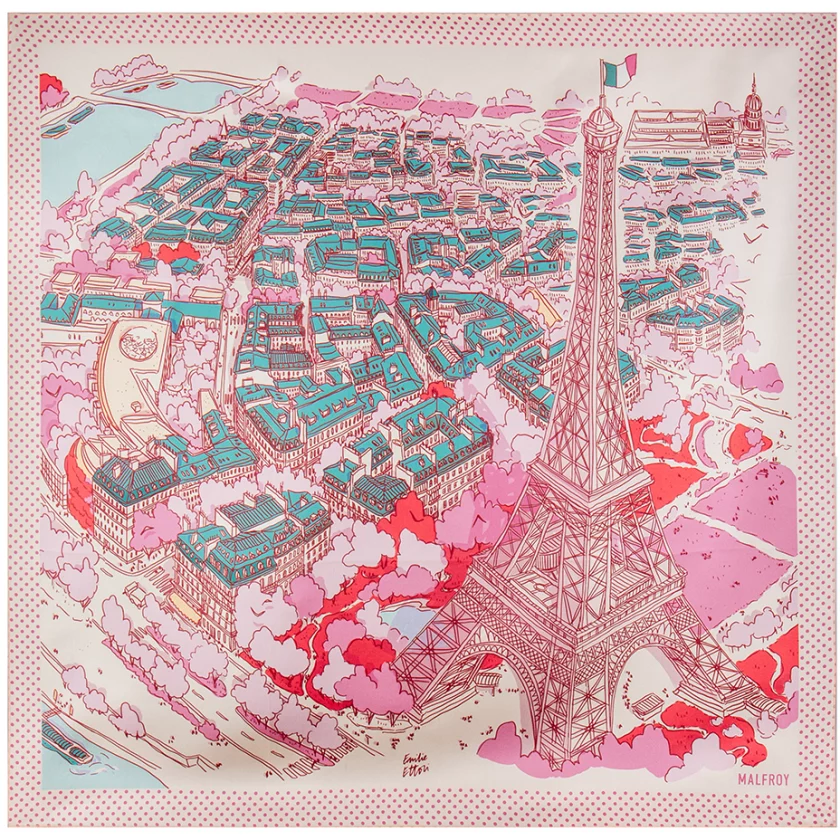 Carré de soie 67, twill de soie imprimé Eiffel Paris de l'Artiste Emilie Ettori - Rose