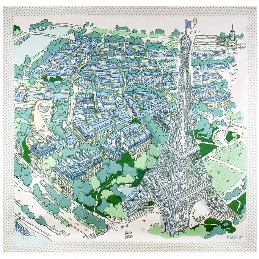 Carré de soie 67, twill de soie imprimé Eiffel Paris de l'Artiste Emilie Ettori - Vert