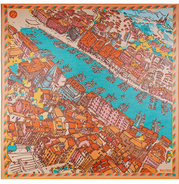Carré en coton et soie 67 imprimé Marseille l'Artiste Emilie Ettori - Orange