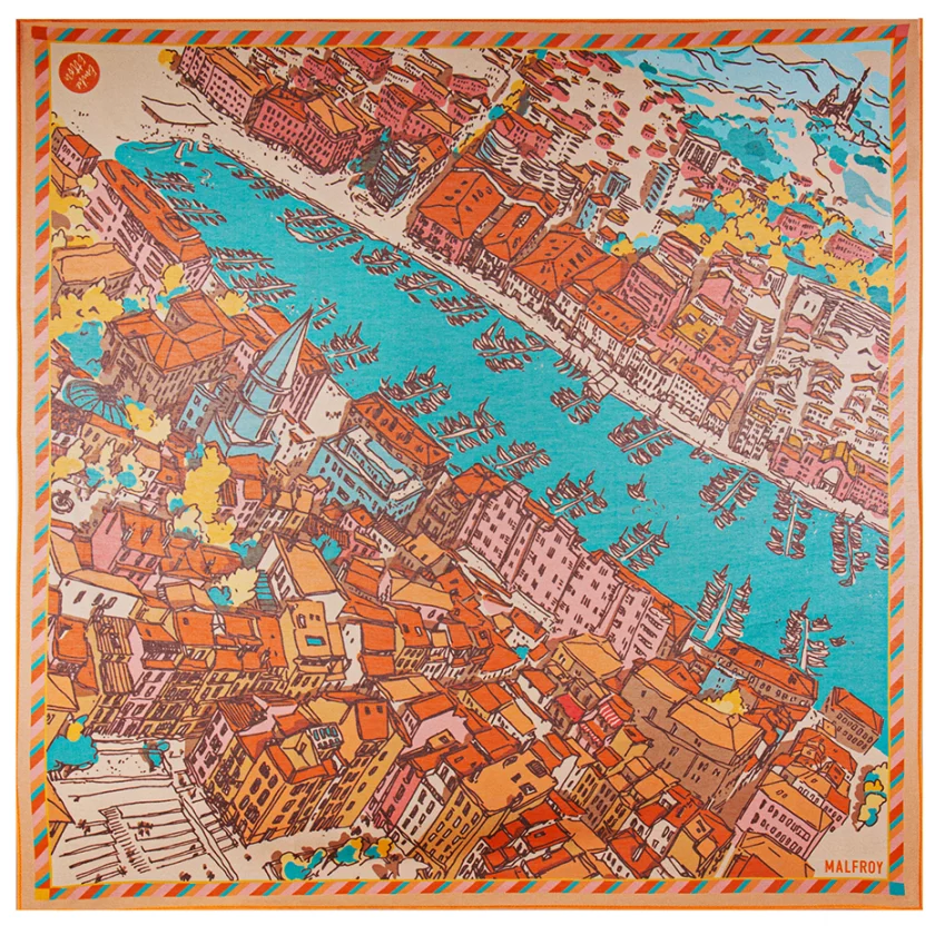 Carré en coton et soie 67 imprimé Marseille l'Artiste Emilie Ettori - Orange