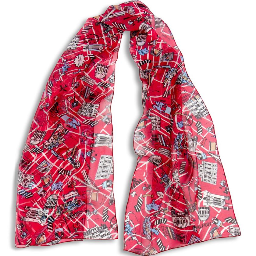 Echarpe en soie, mousseline de soie imprimée Maps Lyon col 4 Rouge