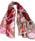 Echarpe en soie 43x140, mousseline de soie imprimée Feuillages et Animaux - Rose
