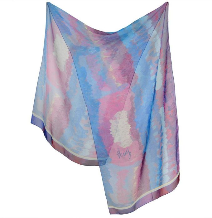 Echarpe en soie, mousseline de soie imprimée Déferlante de l'Artiste Thuy col 1 bleu rose