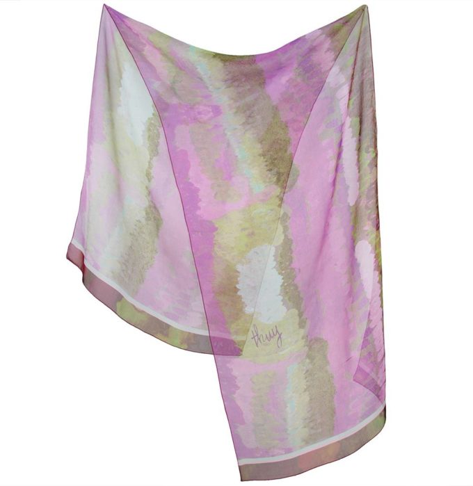 Echarpe en soie, mousseline de soie imprimée Déferlante de l'Artiste Thuy col 3 taupe fuchsia