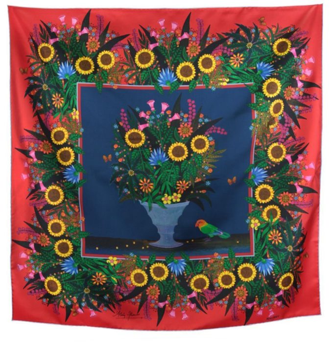 Carré de soie, twill de soie imprimé Bouquet aux 3 Soleils de l'artiste Alain Thomas Var 2 rouge marine