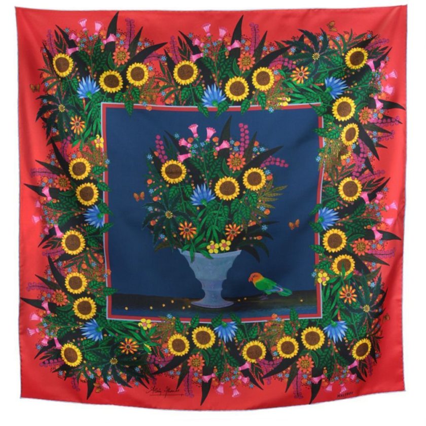 Carré de soie, twill de soie imprimé Bouquet aux 3 Soleils de l'artiste Alain Thomas Var 2 rouge marine