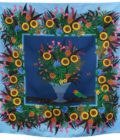 Carré de soie, twill de soie imprimé Bouquet aux 3 Soleils de l'artiste Alain Thomas Var 3 bleu