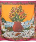Carré en laine et soie 120 imprimée Bouquet d'Hiver de l'Artiste Alain Thomas 3 Fuschsia Orange 3