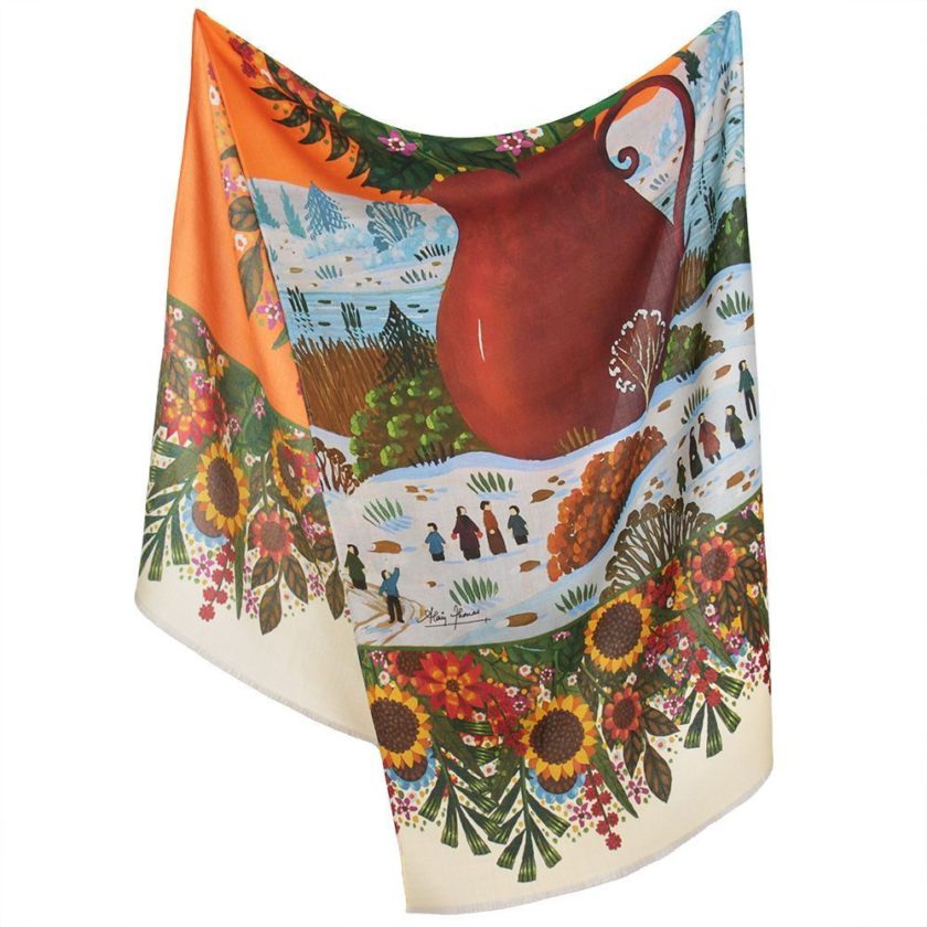 Echarpe en laine et soie 67x180 imprimée Fleurs d'Hiver de l'Artiste Alain Thomas Var 3 ecru orange