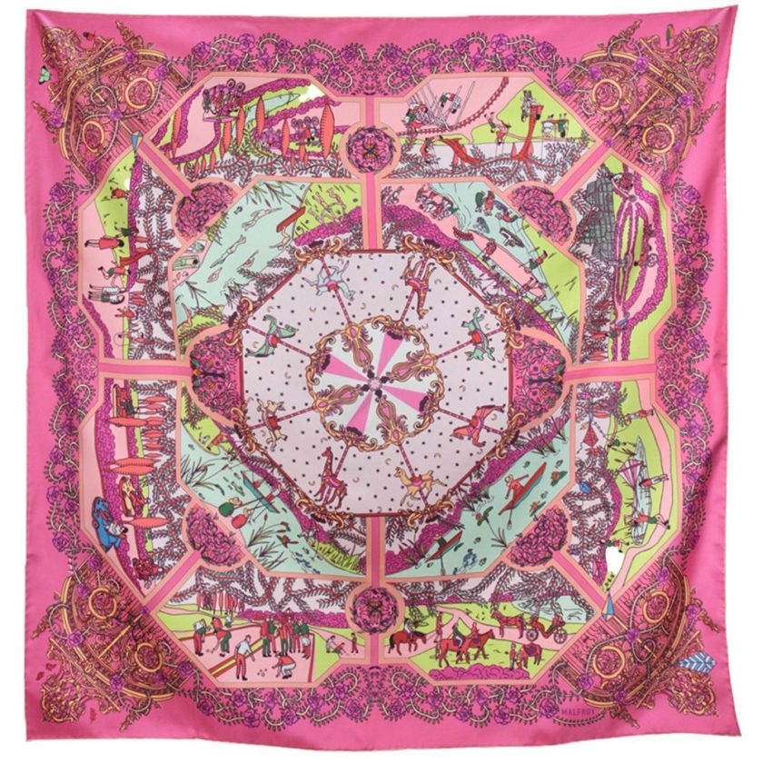 Carré de soie, twill de soie imprimé Parc de la Tête D'or Var 5 Rose 3