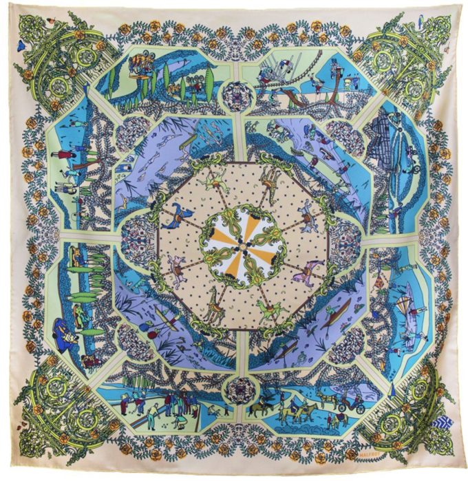 Carré de soie, twill de soie imprimé Parc de la Tête D'or Var 6 Vert Pâle 3