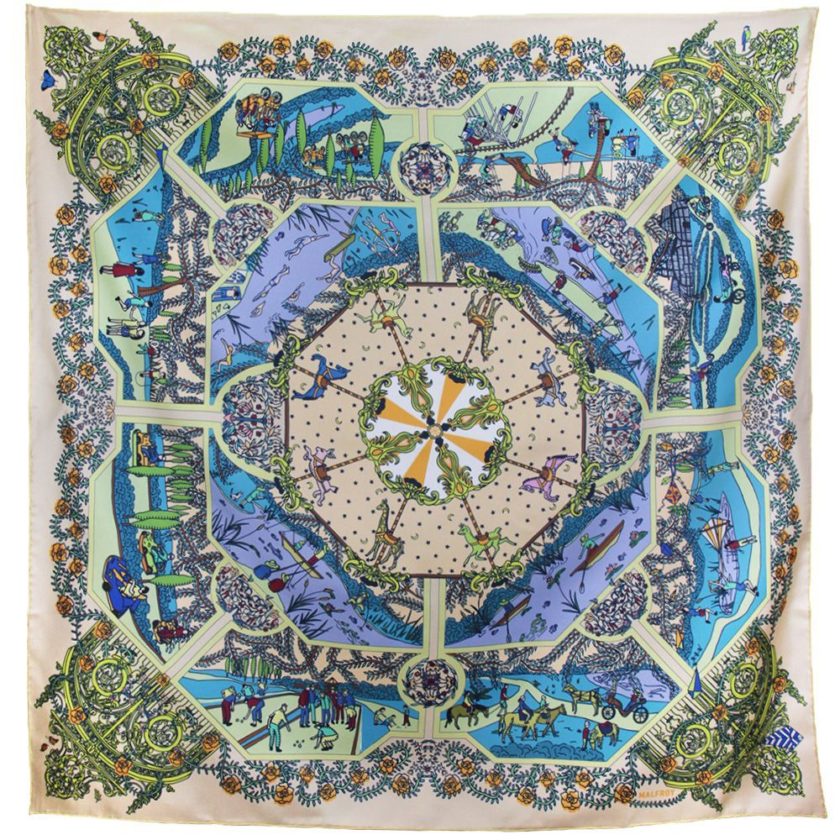 Carré de soie, twill de soie imprimé Parc de la Tête D'or Var 6 Vert Pâle 3