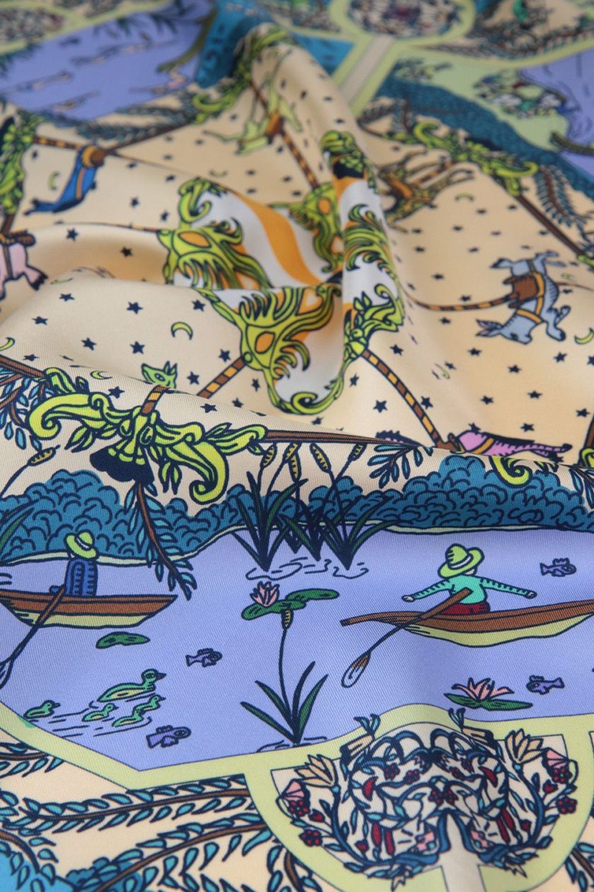 Carré de soie, twill de soie imprimé Parc de la Tête D'or Var 6 Vert Pâle 3