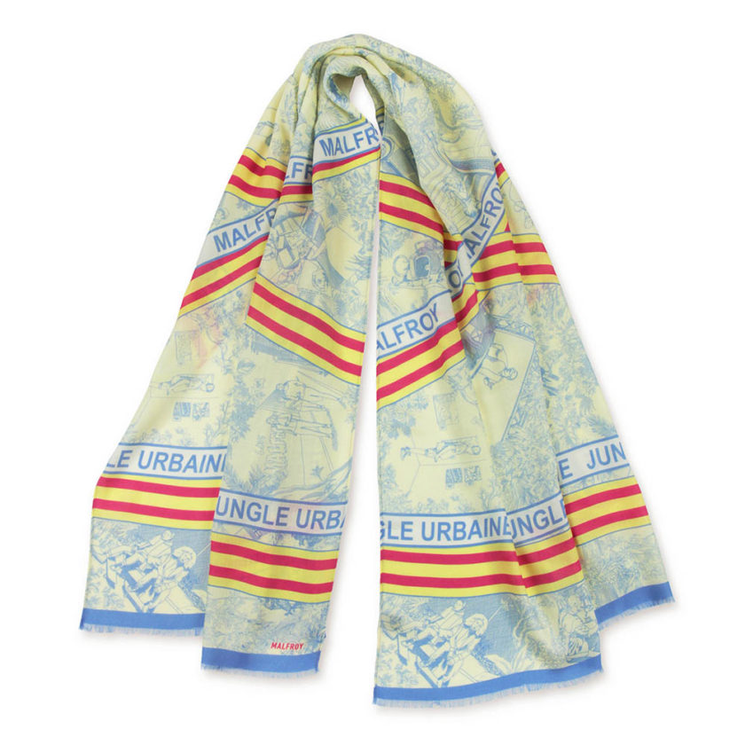 Echarpe en laine et soie 67x180 imprimée Toile de Jouy - Bleu Ciel