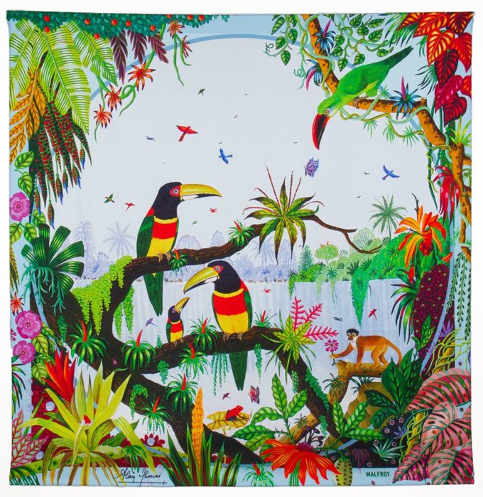 Carré de soie 67, Twill de soie imprimé Toucan à la cascade de l'Artiste Alain Thomas Col 1 bleu