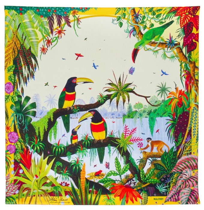 Carré de soie 67, Twill de soie imprimé Toucan à la cascade de l'Artiste Alain Thomas Col 2 jaune