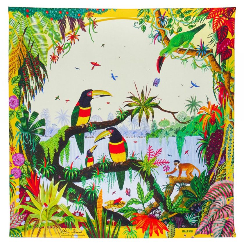 Carré de soie 67, Twill de soie imprimé Toucan à la cascade de l'Artiste Alain Thomas Col 2 jaune